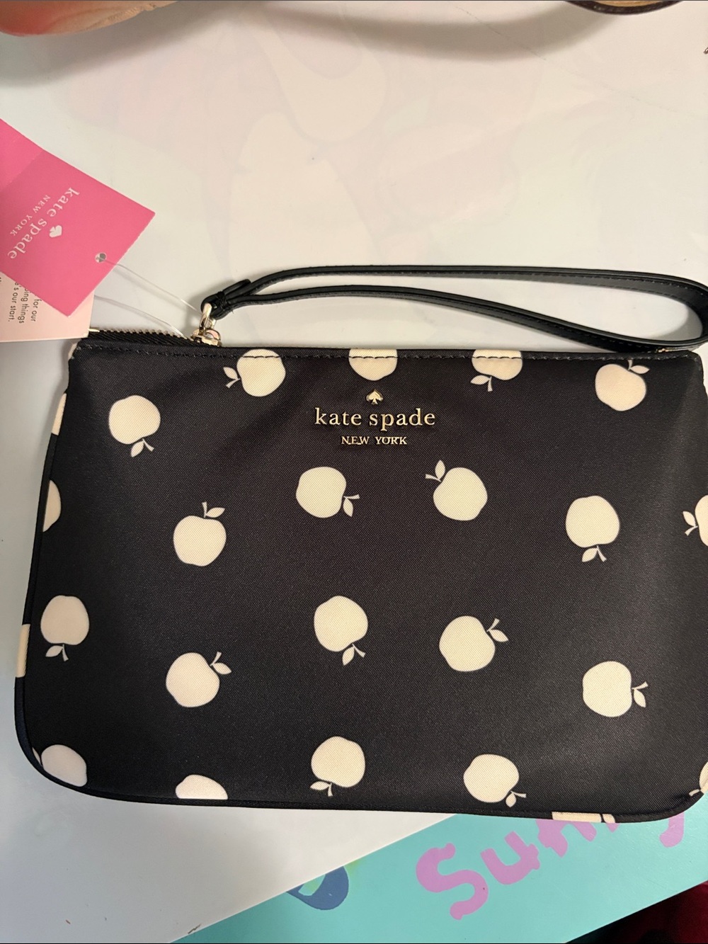 kate spade Black Wristlet with Cream Apple Print